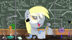 Size: 1023x576 | Tagged: safe, artist:zicygomar, derpy hooves, the smooze, pegasus, pony, g1, g4, back to the future, carrot, donut, female, goggles, hammer, laboratory, mare, muffin, science, this will end in tears, what is love