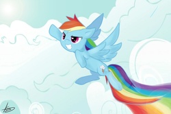 Size: 1539x1024 | Tagged: safe, artist:maren, rainbow dash, pony, g4, cloud, cloudy, female, flying, pixiv, sky, solo, spread wings, wings