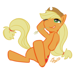 Size: 611x548 | Tagged: safe, artist:maren, applejack, earth pony, pony, g4, female, on back, one eye closed, pixiv, simple background, solo