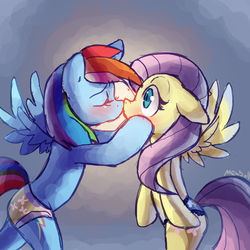 Size: 994x993 | Tagged: safe, artist:mewball, fluttershy, rainbow dash, pony, g4, bipedal, blue underwear, clothes, cutie mark underwear, female, frilly underwear, kissing, lesbian, panties, ship:flutterdash, shipping, underwear, underwear swap, yellow underwear