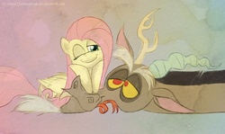 Size: 1100x657 | Tagged: safe, artist:celestiathegreatest, discord, fluttershy, g4, keep calm and flutter on, duo, female, male, ship:discoshy, shipping, straight