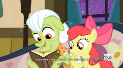 Size: 849x473 | Tagged: safe, screencap, apple bloom, granny smith, apple family reunion, g4, youtube caption