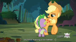 Size: 844x466 | Tagged: safe, screencap, applejack, spike, dragon, earth pony, pony, g4, spike at your service, female, hub logo, male, mare, youtube caption