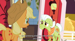 Size: 853x471 | Tagged: safe, screencap, applejack, granny smith, earth pony, pony, g4, my little pony: friendship is magic, spike at your service, female, mare, youtube caption