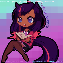 Size: 590x590 | Tagged: safe, artist:ponybone, twilight sparkle, human, g4, book, charm, chibi, clothes, dark skin, eared humanization, female, horn, horned humanization, humanized, necktie, skirt, tailed humanization