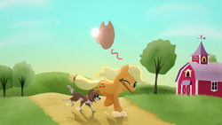 Size: 1920x1080 | Tagged: safe, artist:regolithx, applejack, winona, g4, running, sweet apple acres