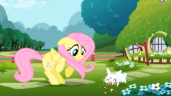 Size: 958x539 | Tagged: safe, screencap, angel bunny, fluttershy, g4, apple, opening, scared, theme song