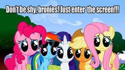 Size: 960x539 | Tagged: safe, applejack, fluttershy, pinkie pie, rainbow dash, rarity, g4, bronybait, fourth wall, remane five