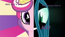 Size: 1408x792 | Tagged: safe, artist:mariovssonic2008, queen chrysalis, changeling, two sided posters, g4, disguise, disguised changeling, fake cadance, poster, two sides