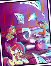 Size: 600x776 | Tagged: safe, artist:bunnimation, apple bloom, babs seed, scootaloo, sweetie belle, g4, cutie mark crusaders, faceplant, glasses, homework, pencil