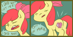 Size: 1000x510 | Tagged: safe, artist:atryl, apple bloom, earth pony, pony, alternate cutie mark, apple bloom's bow, bow, comic, cutie mark, dialogue, ear fluff, eyes closed, female, hair bow, ohai mark, open mouth, parody, pun, simple background, solo, speech bubble, the room, tommy wiseau