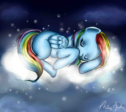 Size: 947x843 | Tagged: safe, artist:missyasylum, rainbow dash, pony, g4, cloud, cloudy, female, sleeping, solo