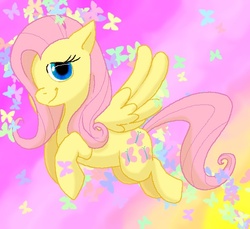 Size: 600x550 | Tagged: safe, artist:vivthehedgehog, fluttershy, butterfly, pegasus, pony, g4, female, flying, mare, smiling, solo