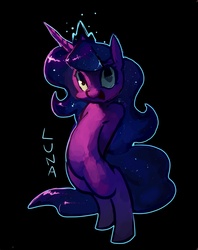 Size: 1092x1382 | Tagged: safe, artist:derekireba, princess luna, alicorn, pony, g4, belly, bipedal, black background, cute, female, filly, hooves behind back, looking at you, mare, name, open mouth, outline, pixiv, simple background, smiling, solo, woona