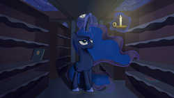 Size: 2560x1440 | Tagged: safe, artist:regolithx, princess luna, pony, g4, candle, female, library, magic, solo