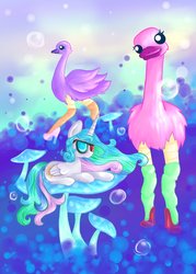 Size: 757x1056 | Tagged: safe, artist:vitafluttershy, princess celestia, ostrich, g4, clothes, glasses, head tilt, high heels, missing accessory, mushroom, prone, socks, sunglasses, thigh highs, wat