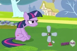 Size: 960x640 | Tagged: safe, screencap, twilight sparkle, pony, unicorn, g4, anemometer, female, frown, mare, sitting, solo, unicorn twilight