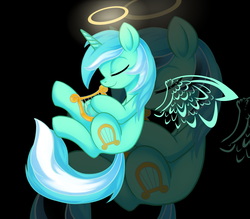 Size: 1600x1400 | Tagged: dead source, safe, artist:rainbowscreen, lyra heartstrings, pony, g4, female, halo, lyre, solo, wings