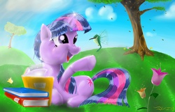 Size: 4200x2700 | Tagged: safe, artist:rockingquix, twilight sparkle, bird, pony, unicorn, g4, book, female, flower, glowing horn, grass, happy, horn, lying down, magic, mare, open mouth, solo, telekinesis, tree, unicorn twilight