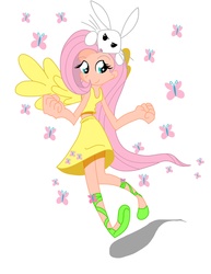 Size: 2550x3300 | Tagged: safe, artist:rockingquix, angel bunny, fluttershy, human, g4, clothes, humanized, midriff, skinny, skirt, tank top, thin, winged humanization