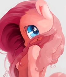 Size: 841x982 | Tagged: safe, artist:dhui, pinkie pie, earth pony, anthro, g4, aside glance, bust, colored pupils, cute, female, looking at you, looking back, signature, simple background, smiling, solo, starry eyes, white background, wingding eyes