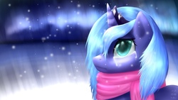 Size: 1920x1080 | Tagged: safe, artist:iokusanagi, princess luna, pony, g4, clothes, crying, female, scarf, snow, snowfall, solo