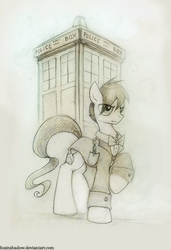 Size: 614x900 | Tagged: safe, artist:foxinshadow, doctor whooves, time turner, earth pony, pony, g4, bowtie, clothes, doctor who, grayscale, male, monochrome, pencil drawing, shirt, solo, sonic screwdriver, stallion, tardis, traditional art, url