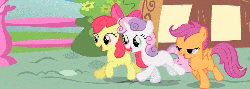 Size: 1251x447 | Tagged: safe, screencap, apple bloom, fluttershy, scootaloo, sweetie belle, g4, season 1, stare master, animated, cropped, cutie mark crusaders, female, floating, larger res, running, wink