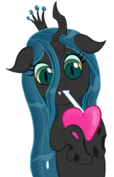 Size: 300x467 | Tagged: safe, artist:infernaldalek, queen chrysalis, changeling, changeling queen, g4, crown, cute, cutealis, drinking, female, heart, jewelry, love, regalia, simple background, solo, transparent background