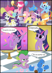 Size: 2468x3485 | Tagged: safe, artist:corina93, applejack, fluttershy, pinkie pie, rainbow dash, rarity, spike, twilight sparkle, g4, balloon, birthday dress, blindfold, clothes, comic, donut, dress, forgetting about spike, mane seven, mane six, party, poor spike, spike is not amused, unamused