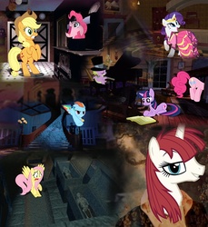 Size: 740x808 | Tagged: safe, artist:dolphinsilverwolf, applejack, fluttershy, pinkie pie, rainbow dash, rarity, spike, twilight sparkle, oc, oc:fausticorn, g4, crossover, lauren faust, mane seven, the 7th guest