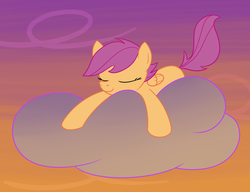 Size: 949x727 | Tagged: safe, artist:hip-indeed, scootaloo, pony, g4, cloud, female, solo, sunset