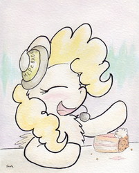 Size: 726x901 | Tagged: safe, artist:slightlyshade, surprise, pony, g1, g4, cake, female, g1 to g4, generation leap, headset, solo, traditional art