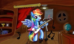 Size: 1215x720 | Tagged: safe, artist:shadowhuntercis, rainbow dash, pony, g4, female, flying v, guitar, musical instrument, solo