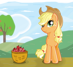 Size: 800x730 | Tagged: safe, artist:shadowhuntercis, applejack, earth pony, pony, g4, apple, basket, female, food, solo, tree