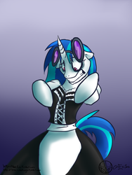 Size: 768x1024 | Tagged: safe, artist:aeritus, dj pon-3, vinyl scratch, pony, unicorn, g4, 30 minute art challenge, bipedal, clothes, maid, solo