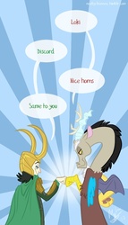 Size: 428x750 | Tagged: safe, artist:nooby-banana, discord, draconequus, g4, avengers, crossover, dialogue, fist bump, loki, marvel, speech bubble, sunburst background