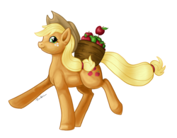 Size: 1300x1013 | Tagged: safe, artist:trunksi, applejack, earth pony, pony, g4, apple, basket, female, food, simple background, solo