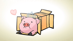 Size: 1440x810 | Tagged: safe, pig, :i, barely pony related, box, cute, daaaaaaaaaaaw, gradient background, gravity falls, heart, hnnng, male, prone, puffy cheeks, sliding ponies, smiling, solo, tiara, waddles