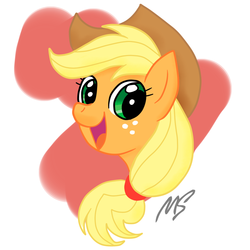 Size: 945x945 | Tagged: safe, artist:megasweet, artist:rustydooks, applejack, earth pony, pony, g4, bust, cowboy hat, cute, female, freckles, hat, open mouth, portrait, smiling, solo, stetson