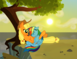 Size: 1980x1530 | Tagged: safe, artist:rangelost, applejack, rainbow dash, g4, cuddling, dawn, eyes closed, female, lesbian, ocean, ship:appledash, shipping, sun, tree