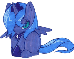Size: 1160x924 | Tagged: safe, artist:sinclair2013, princess luna, alicorn, pony, g4, cute, female, filly, lunabetes, s1 luna, shy, simple background, sitting, solo, traditional art, transparent background, woona, younger