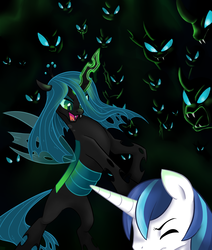 Size: 1100x1300 | Tagged: safe, artist:jessy, queen chrysalis, shining armor, changeling, changeling queen, pony, unicorn, g4, fangs, female, glowing, glowing eyes, glowing horn, horn, transparent wings, wings