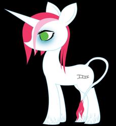 Size: 880x960 | Tagged: safe, artist:daisyhead, oc, oc only, oc:flicker, pony, unicorn, bags under eyes, black background, green eyes, horn, leonine tail, no catchlights, no mouth, no nose, no pupils, simple background, solo, tail, the last unicorn