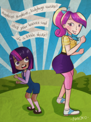 Size: 2927x3919 | Tagged: safe, artist:handsomerogue, princess cadance, twilight sparkle, human, g4, dancing, dark skin, humanized, old banner, sunshine sunshine, younger