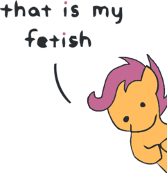 Size: 500x518 | Tagged: artist needed, safe, scootaloo, pony, g4, dialogue, female, meme, simple background, solo, that is my fetish, transparent background