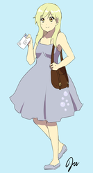 Size: 450x840 | Tagged: safe, artist:jen-jen-rose, derpy hooves, human, g4, anime, blue background, clothes, cute, derpabetes, dress, female, humanized, k-on, letter, satchel, simple background, solo