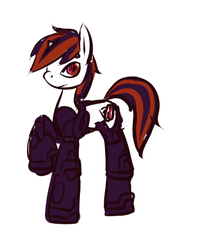 Size: 448x516 | Tagged: safe, artist:inlucidreverie, oc, oc only, oc:blackjack, cyborg, pony, unicorn, fallout equestria, fallout equestria: project horizons, amputee, augmented, cyber legs, cybernetic legs, fanfic, fanfic art, female, hooves, horn, level 2 (project horizons), mare, raised hoof, simple background, small horn, solo, white background