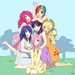 Size: 1000x1000 | Tagged: safe, artist:jen-jen-rose, applejack, fluttershy, pinkie pie, rainbow dash, rarity, twilight sparkle, human, g4, anime, barefoot, clothes, cute, dress, feet, female, grass, hair over one eye, humanized, k-on, mane six, mane six opening poses, open mouth, peace sign, style emulation