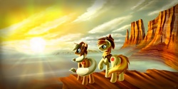 Size: 1600x800 | Tagged: safe, artist:pyrestorm, applejack, braeburn, g4, scenery, sunrise